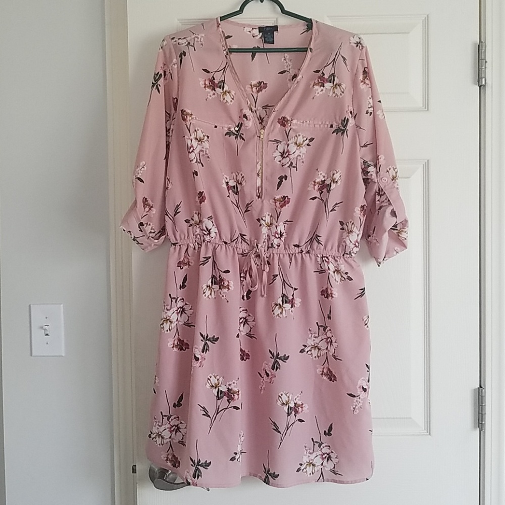 Zip Up Floral 1/2 Sleeve Midi Dress